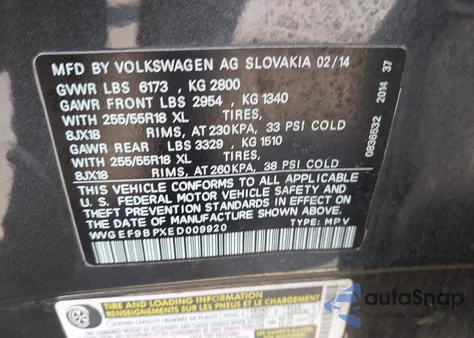 2014 Volkswagen Touareg 3.6L Sport из США, поврежденный, VIN WVGEF9BPXED009920